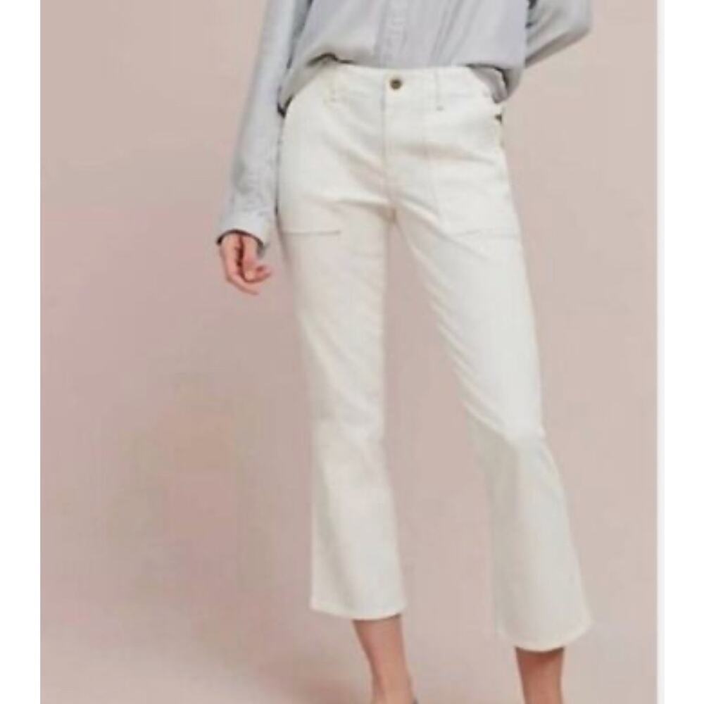 Anthropologie Cropped Pants Womens Sz 26 White Slight Flare Belted Utility Chino